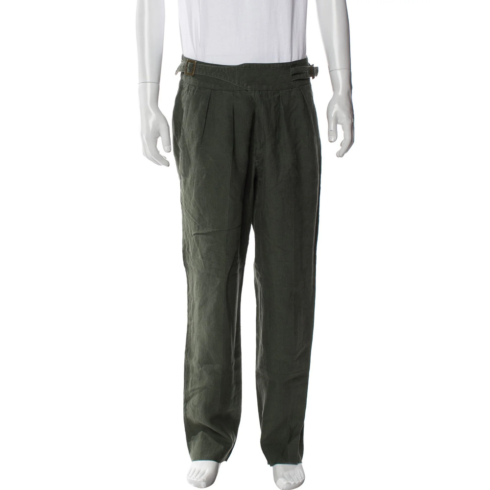 Rubinacci Manny Olive 100% Linen Ghurkha Trousers 48It Adjustable waist 32x28.5